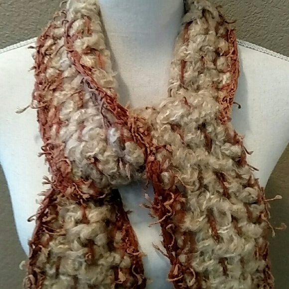 Hand Crafted Soft Knit Scarf Wrap Rust And Cream Fringe Bottom Fall Winter New - Picture 4 of 6